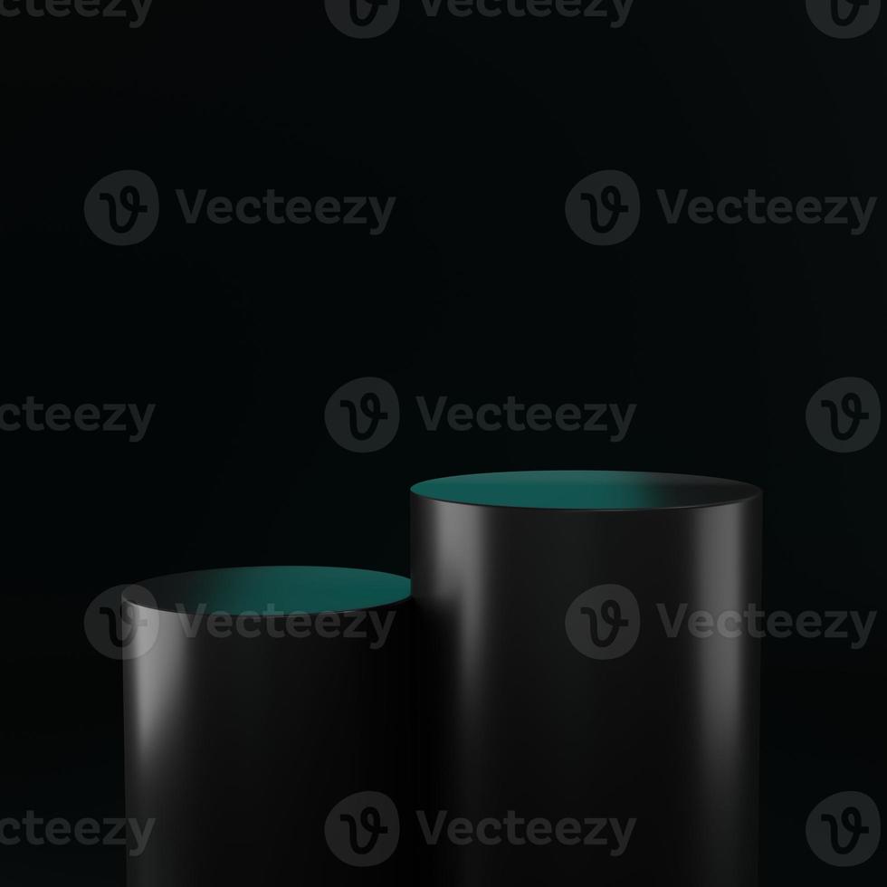 3D render of Cylinder podium with Black color on dark background.platform for product presentation minimal style. empty dark. Black pedestal for product showcase. photo