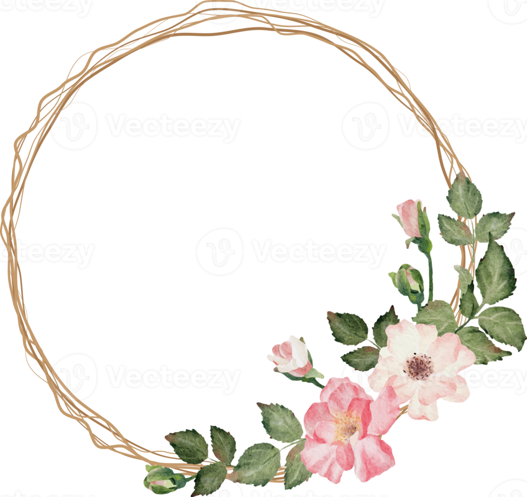 watercolor blooming rose branch with dry twig flower bouquet wreath round frame png