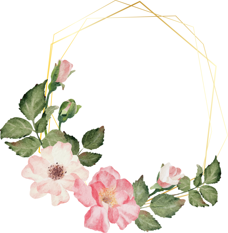 watercolor blooming rose branch flower bouquet wreath badge gold frame png