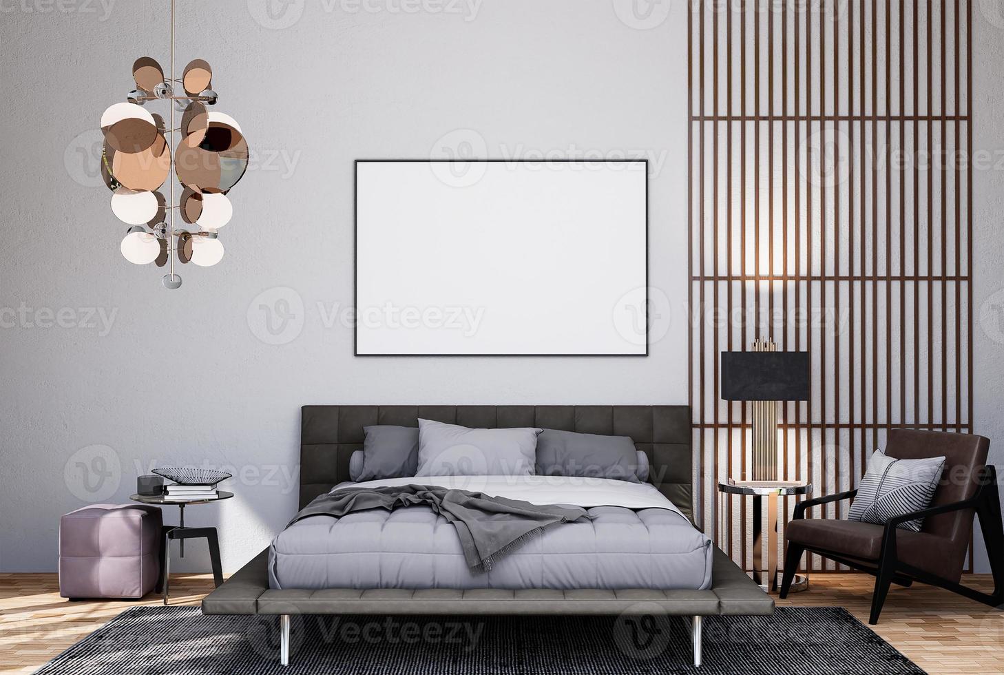 mock up poster frame in modern interior fully furnished rooms background, bedroom, photo