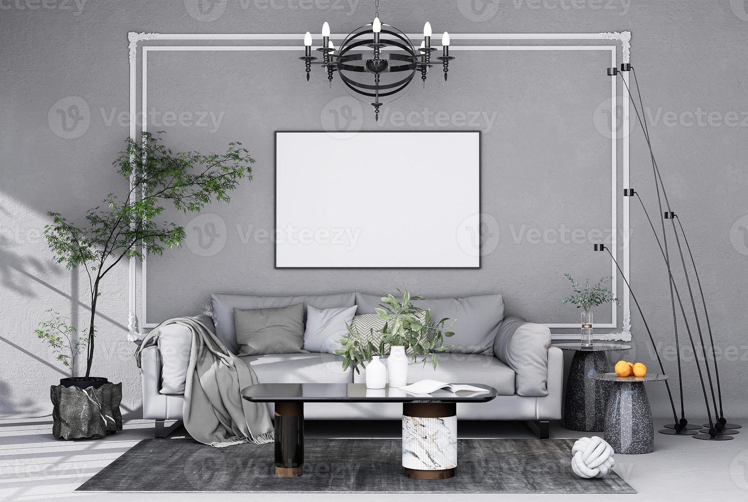 mock up poster frame in modern interior fully furnished rooms background, living room, photo