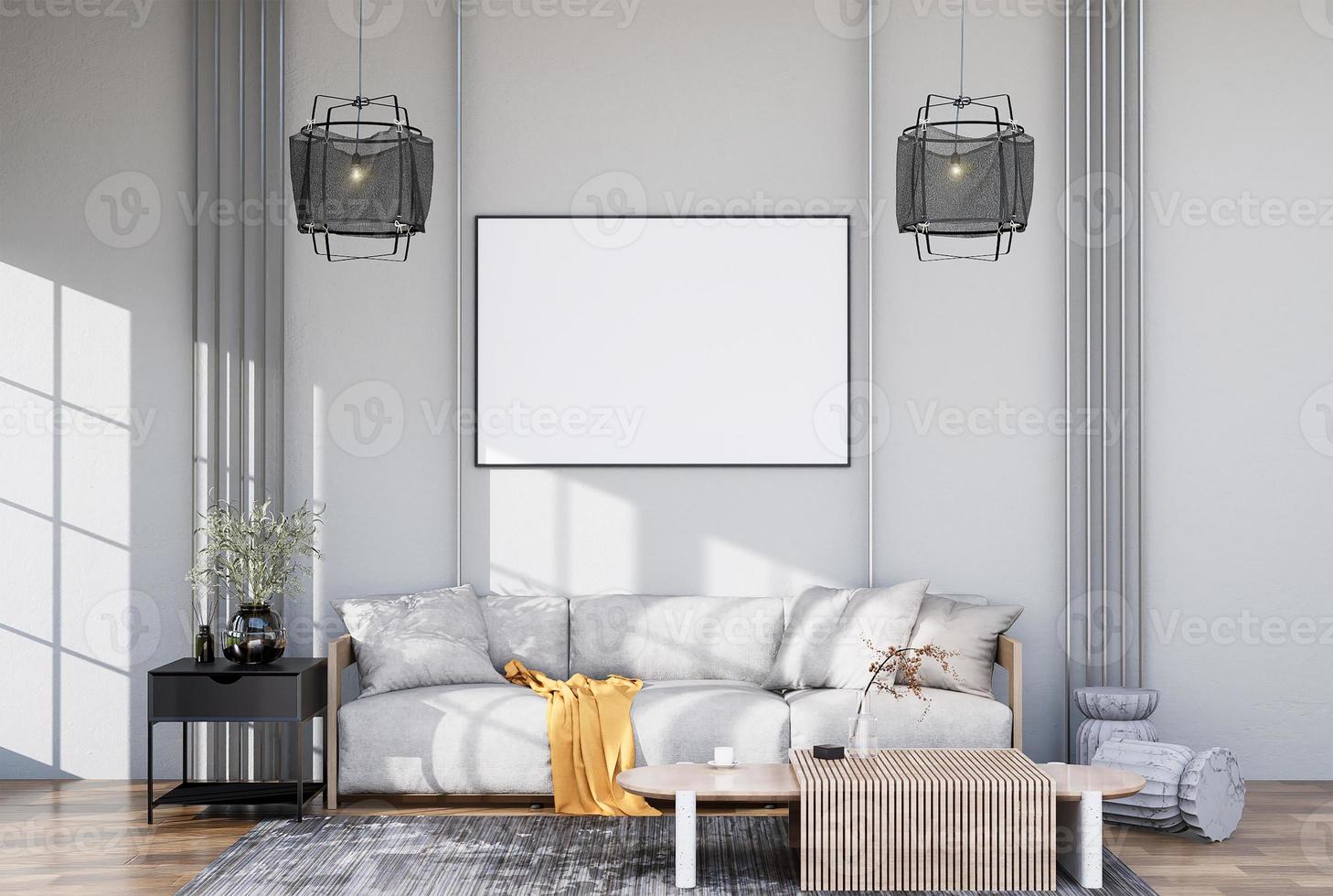 mock up poster frame in modern interior fully furnished rooms background, living room, photo