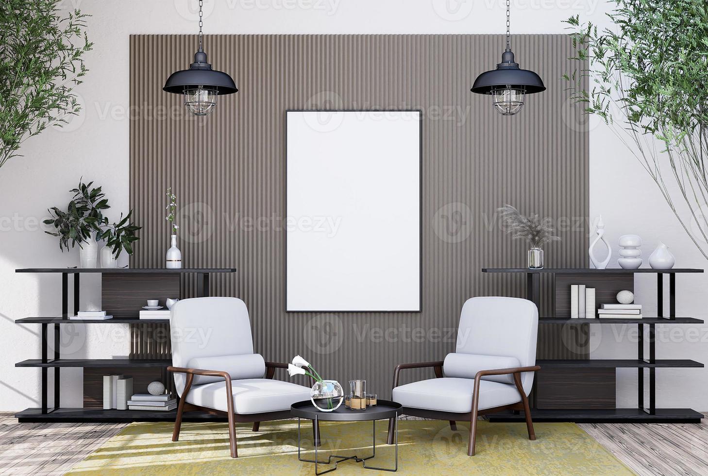 mock up poster frame in modern interior fully furnished rooms background, living room, photo