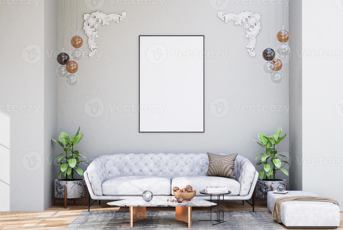 mock up poster frame in modern interior fully furnished rooms background, living room, photo