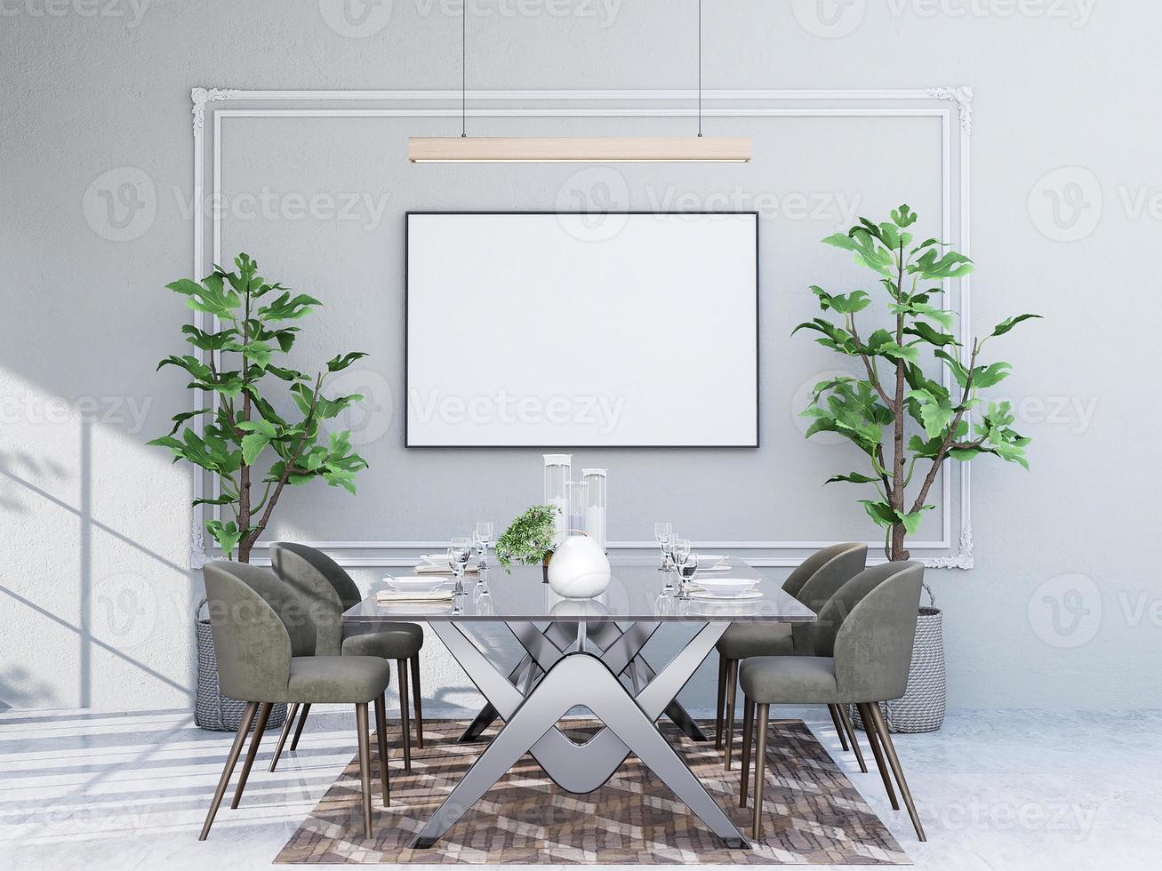 mock up poster frame in modern interior fully furnished rooms background, dining room, photo