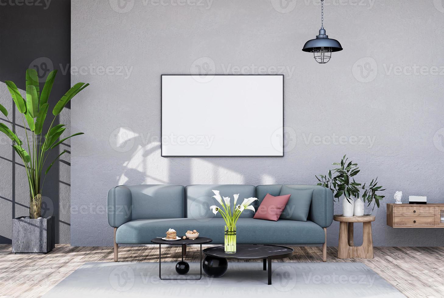 mock up poster frame in modern interior fully furnished rooms background, living room, Scandinavian style photo