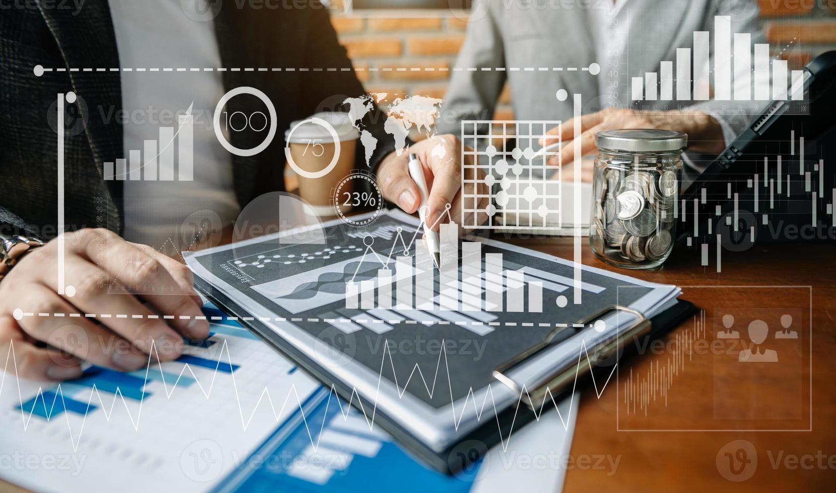 Intelligence and business analytics with key performance indicators dashboard concept. Two business colleague web designer discussing data and digital tablet at modern office photo