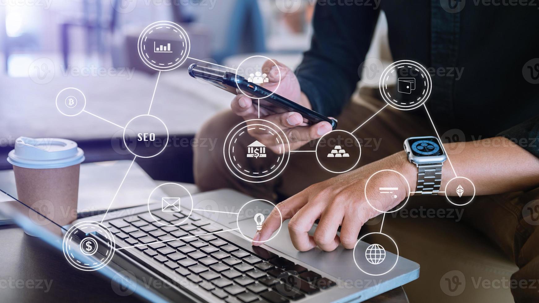 Searching Browsing Internet Data Information Networking Concept with blank search bar.businessman working with mobile phone and laptop computer VR icon photo