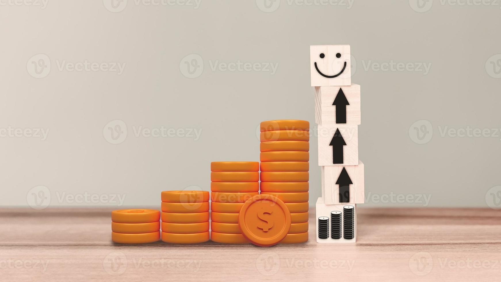 Pile of golden money coins with arrow leads to happy icon on wooden cube. Business growth under the concept happy money from delivering good things to customers. photo
