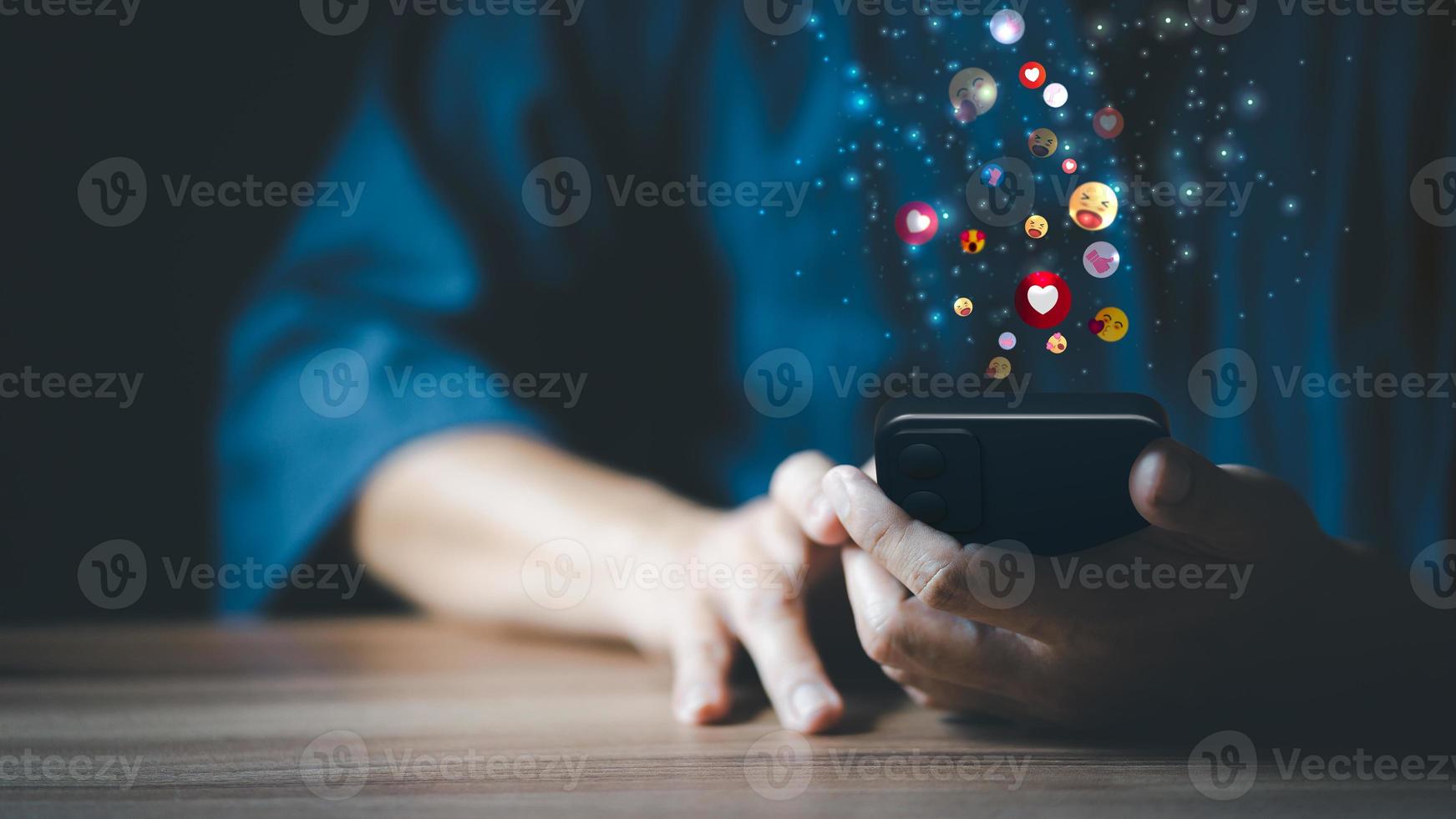 Man hand using smartphone typing live chat chatting on application communication digital web and social network concept. Social media application chat box. photo