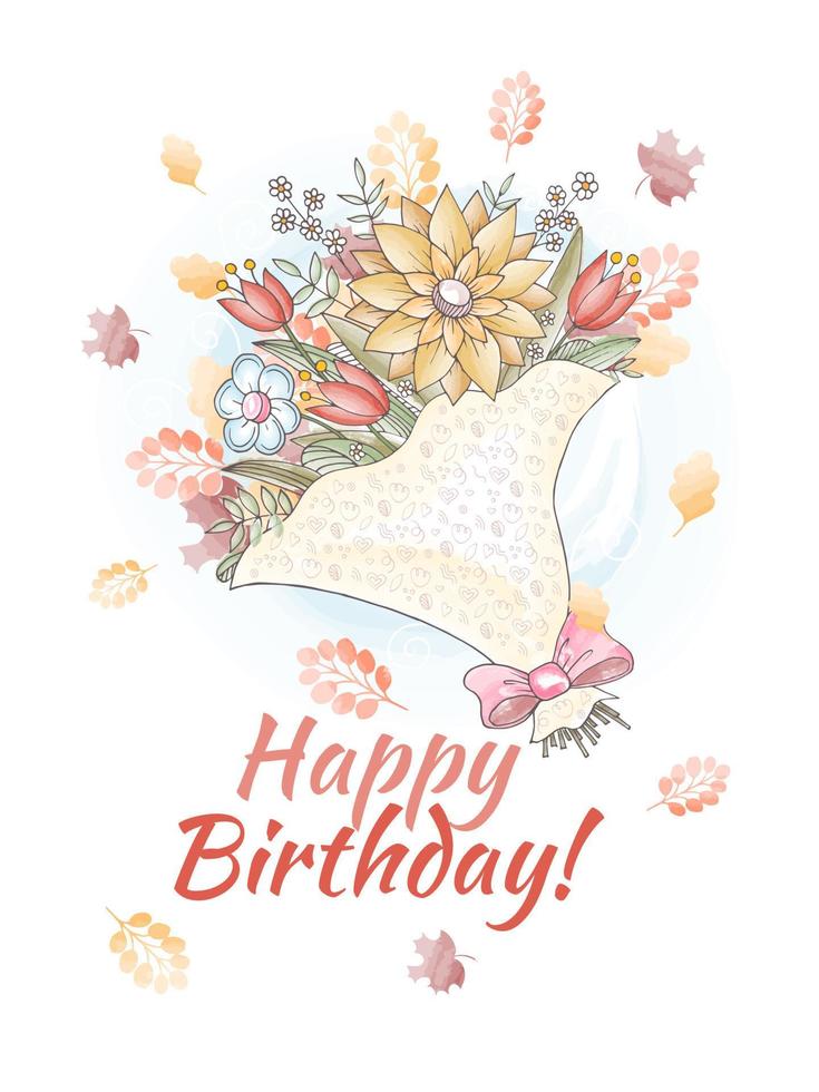 Bouquet of Happy Birthday lettering greeting cards with Flowers
