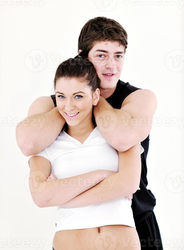 happy young couple fitness workout and fun photo