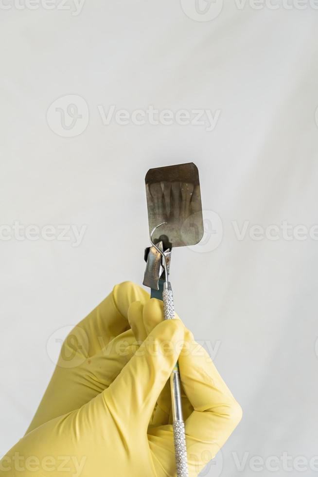 dentist holding dental radiography cut out isolated on white background photo