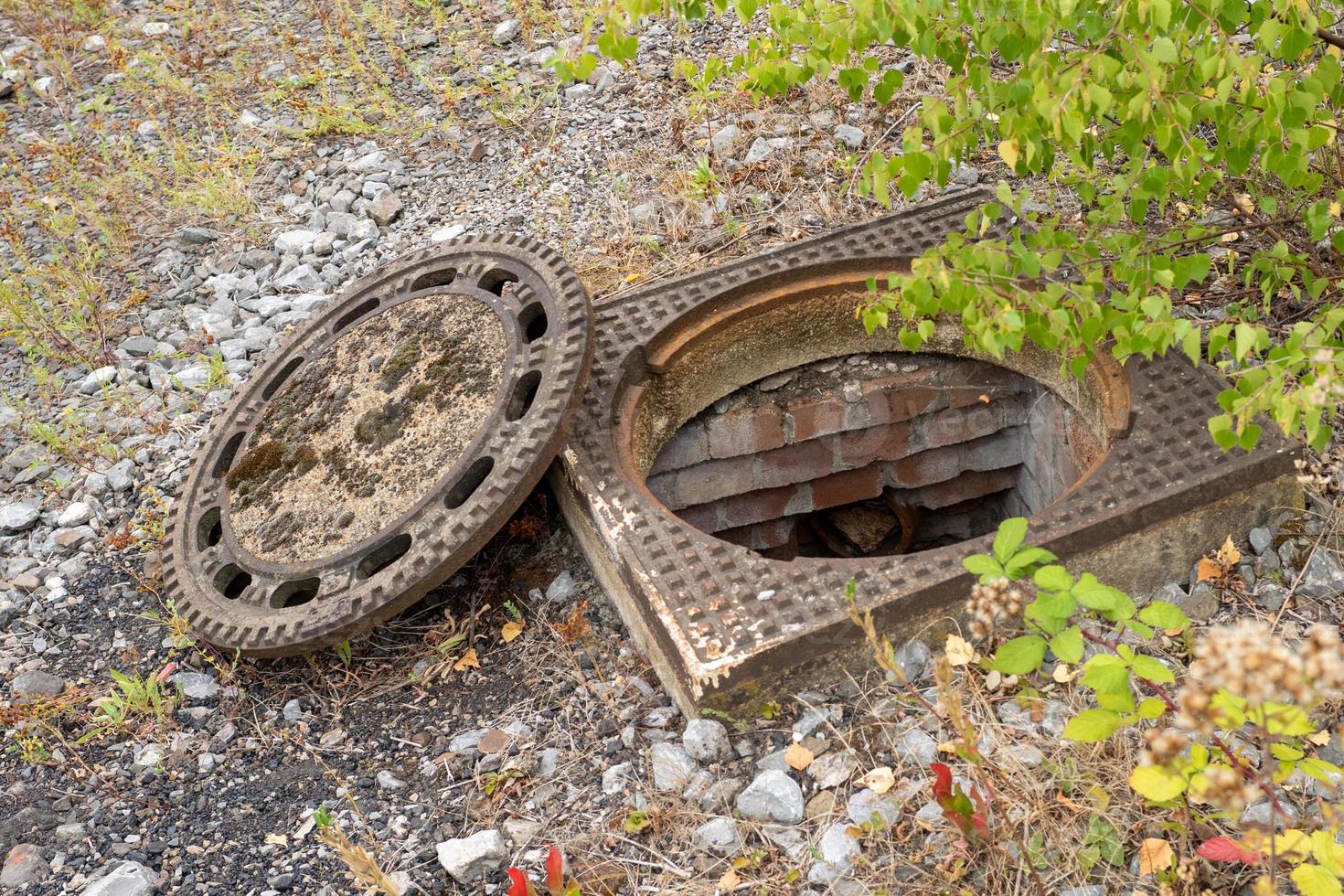 old rusty manhole cover in the landscape photo