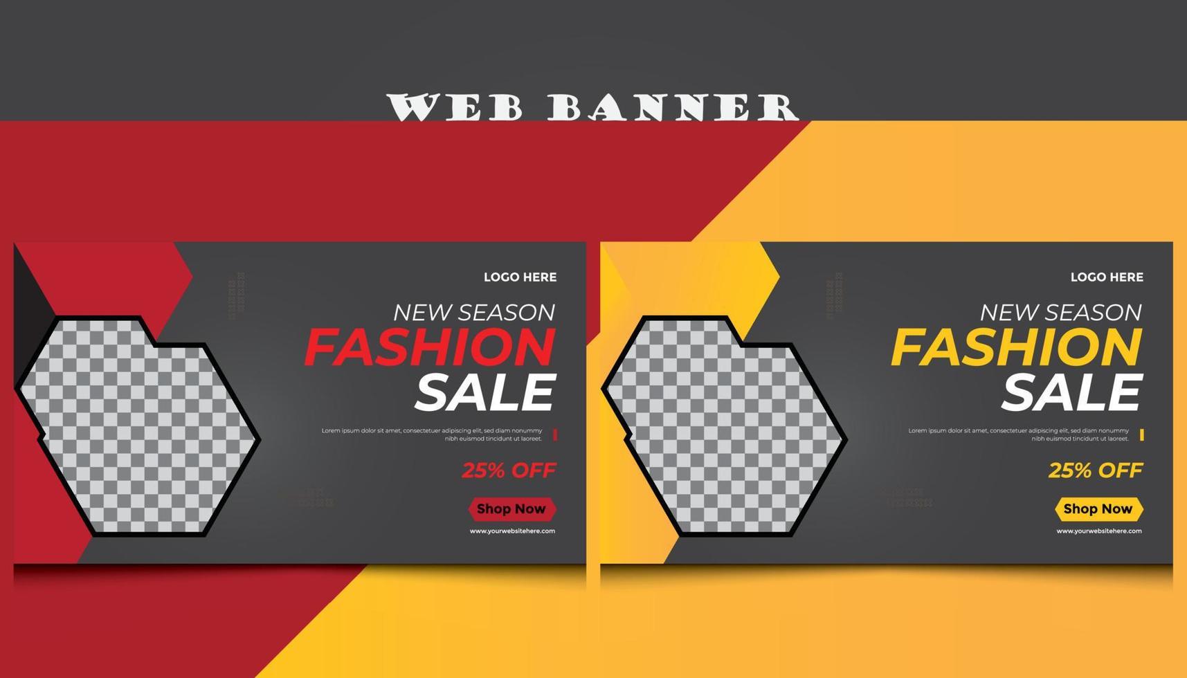 plantilla de banner web de moda, diseño de marketing empresarial para moda, estilo, modelo. plantilla de banner de anuncio web de línea de tiempo de página de portada de facebook de venta flash con plantilla oscura de diseño moderno de lugar de foto. vector