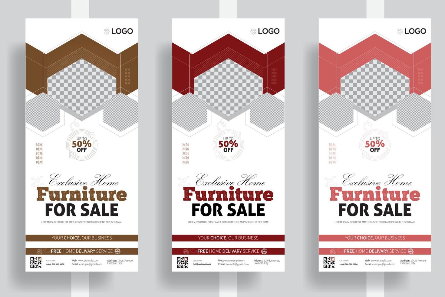 Modern Furniture Rollup Banner Template, Professional Unique Corporate Roll up banner design Editable vertical template vector, geometric abstract background, modern x-banner, and flag-banner, ads vector