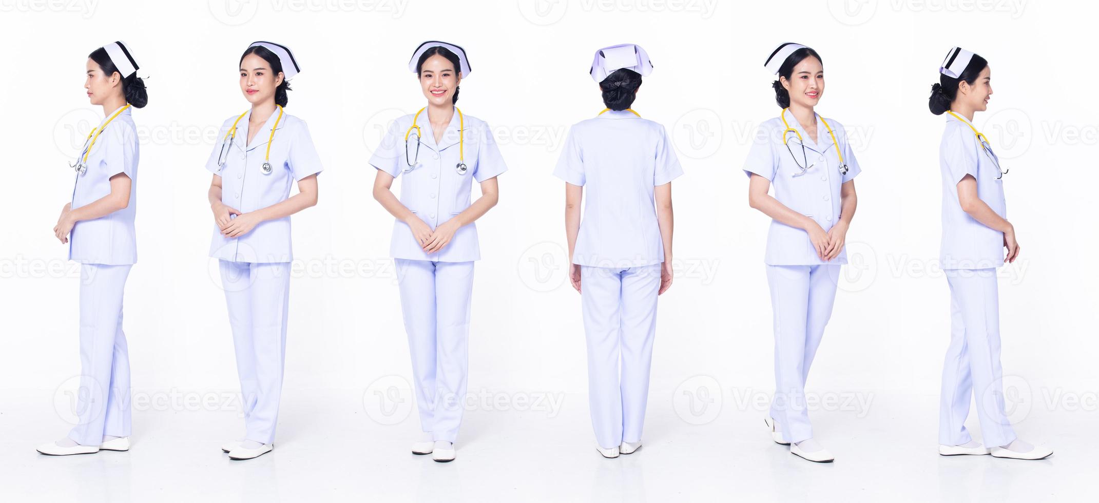 Full length 30s 20s Asian Woman Nurse hospital, 360 front side back rear, wear formal uniform pant shoes. Smile Hospital female looks at camera smile happy over white background isolated photo