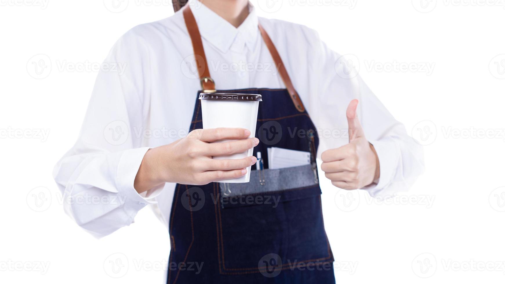 Waitress hold menu coffee cup order to service customer client in shop restaurant with smile. Employee staff wear apron to serve as entrepreneur owner for small business, copy space white background photo