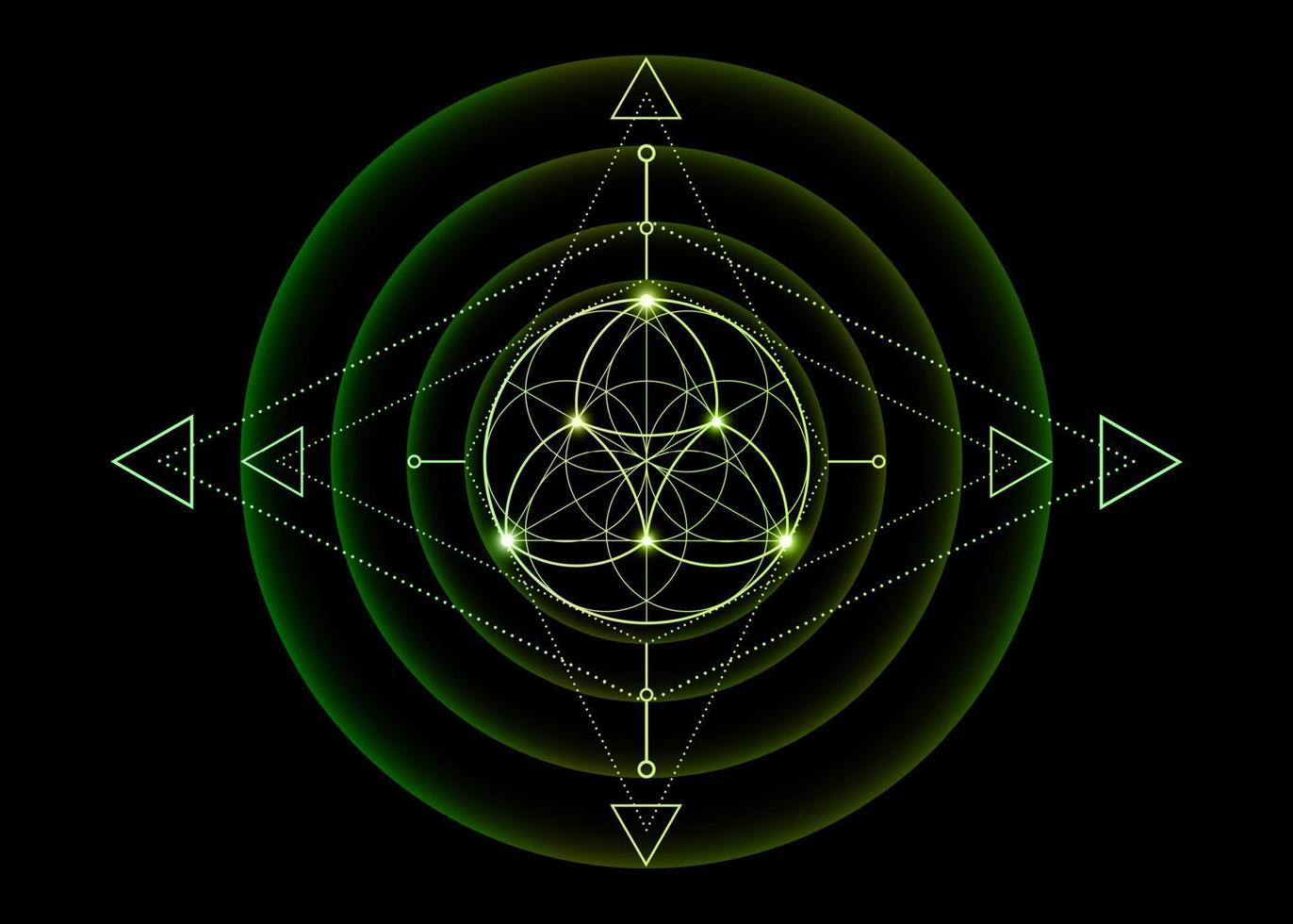 geometría sagrada, flor de la vida, mandala de flor de loto. símbolo de logotipo degradado verde de armonía y equilibrio, ornamento geométrico brillante, relajación de yoga, vector aislado en fondo negro