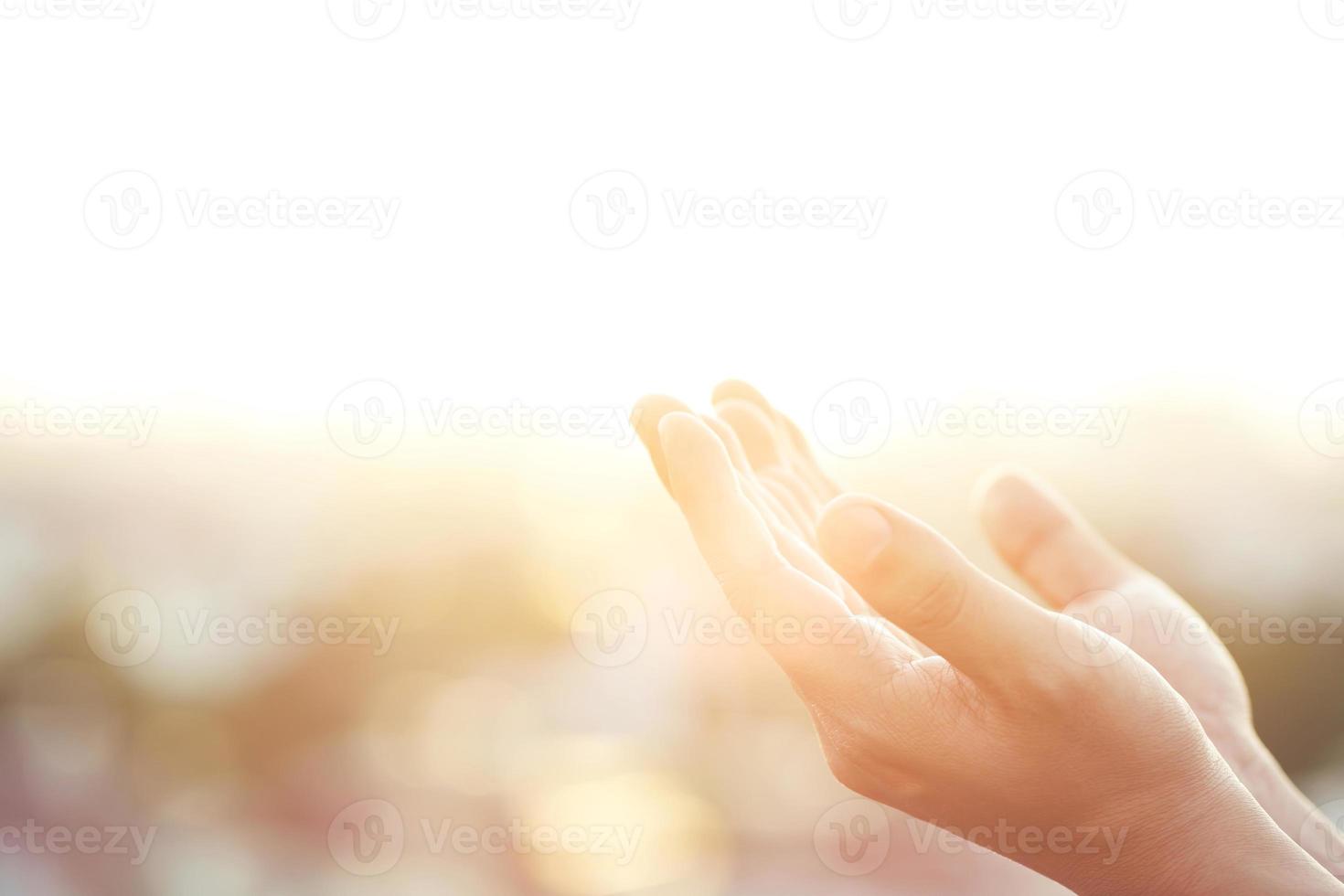 Human hands open palm up worship Praying with faith and belief in God of an appeal to the sky. Concept Religion and spirituality with believe Power of hope or love and devotion. filler tone vintage. photo