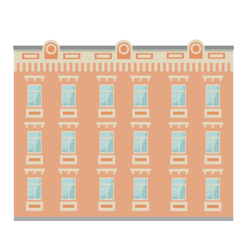edificio de apartamentos urbanos en colores naranja, vector plano, aislado en fondo blanco