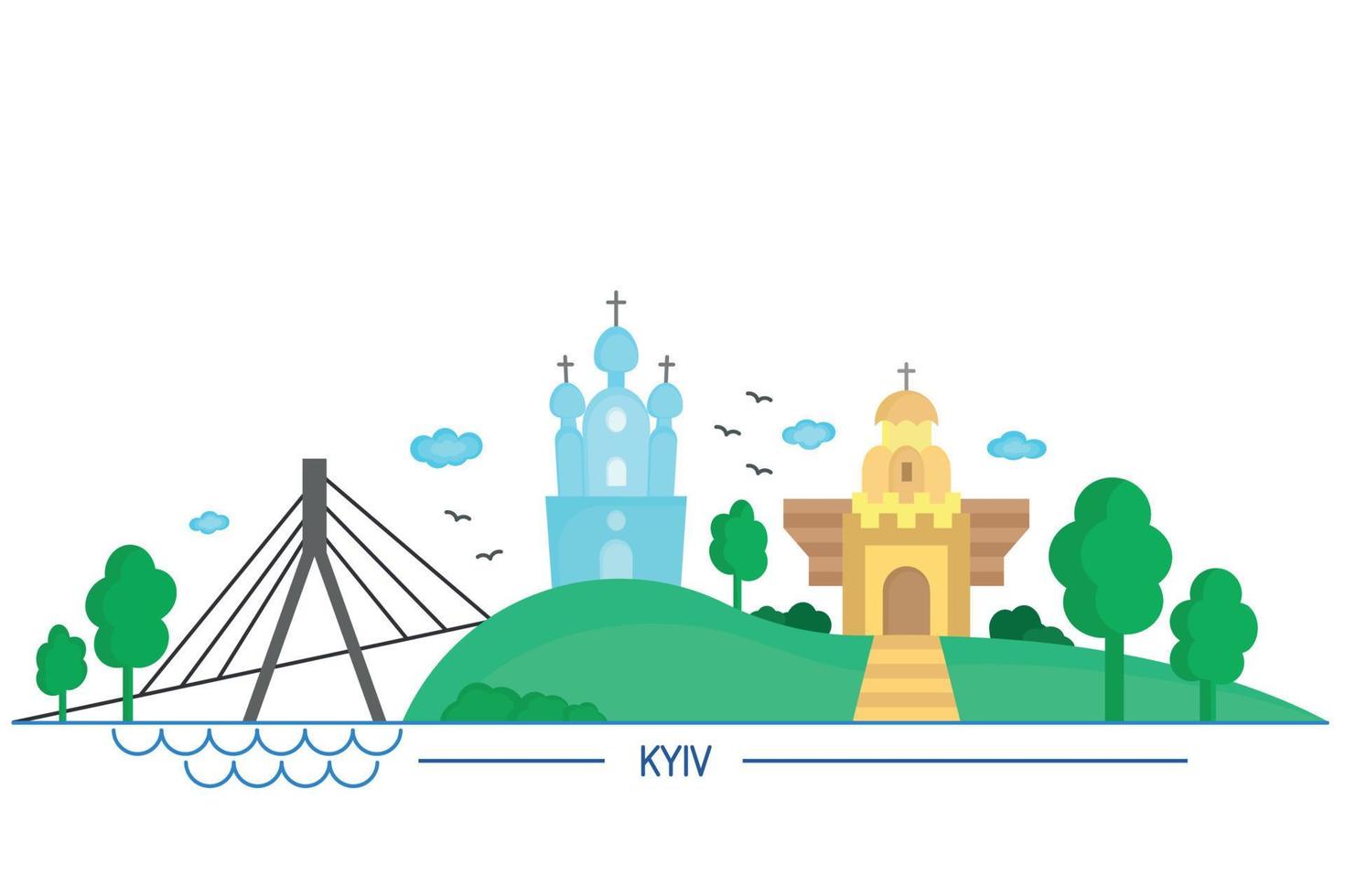 panorama de Kyiv en estilo plano, principales lugares de interés de la capital de ucrania, vector de dibujos animados de color aislado en blanco, inscripción Kyiv en inglés