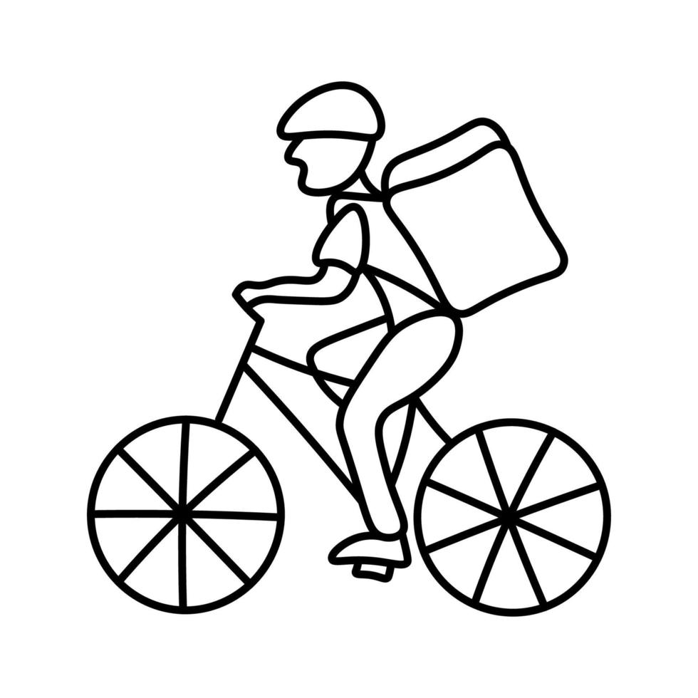 hombre en bicicleta con una mochila grande, vector plano, aislado en blanco, entrega, boceto de un mensajero dibujado a mano