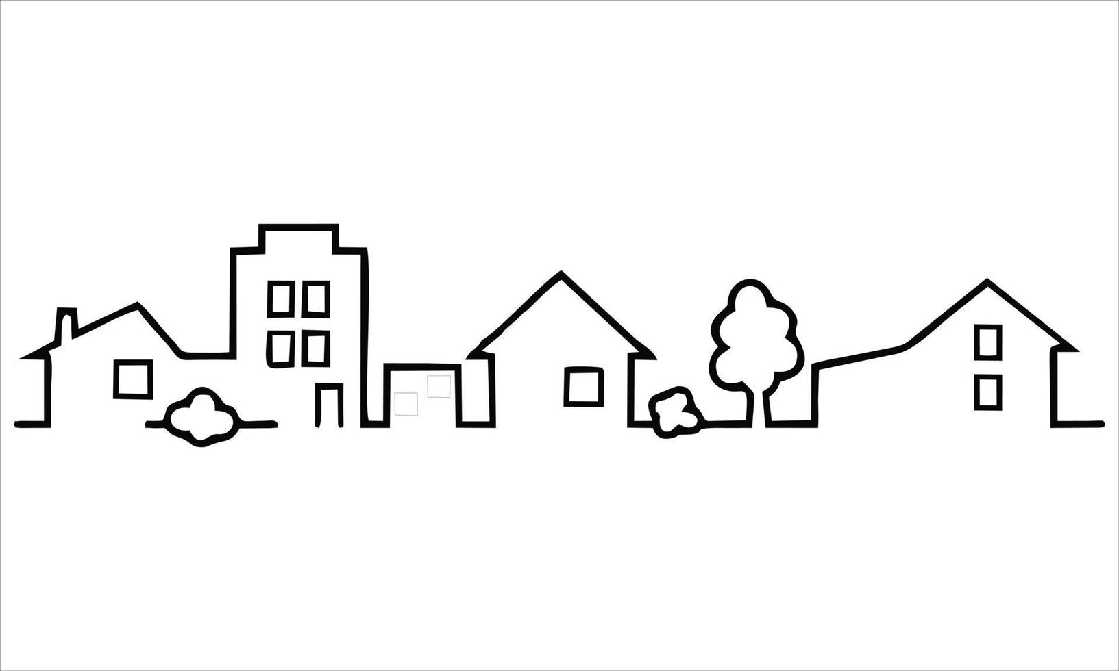 Illustration of a row of buildings and tall houses lined up to form a row of comfortable settlements. A symbol of quiet and comfortable urban life. Editable Vector