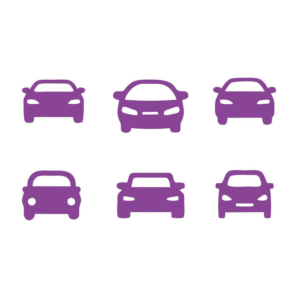 establecer icono de coche. silueta de lindo coche de juguete de dibujos animados en púrpura. ilustración, miniatura, imitación, logo de coche. vector de vehículos editables.