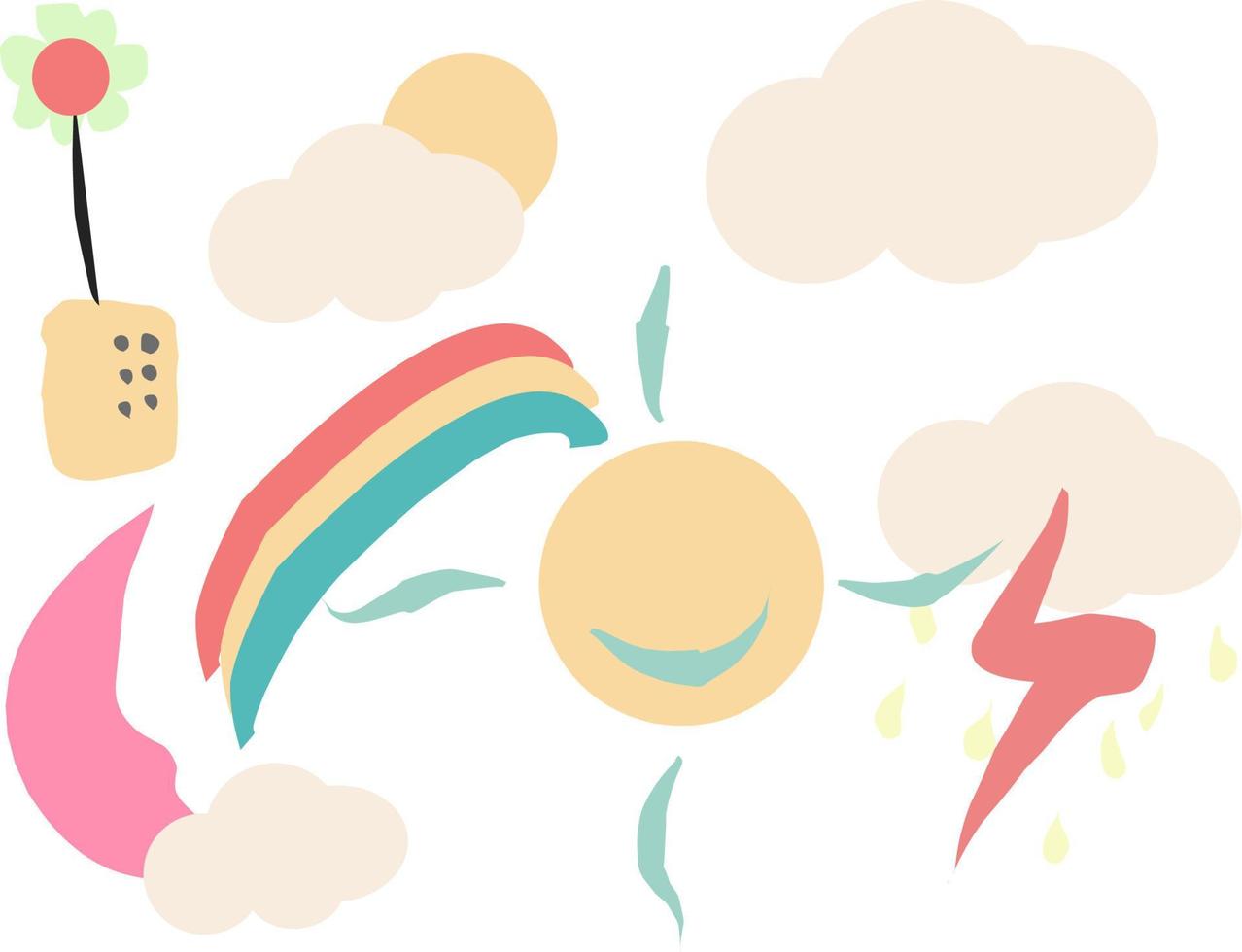 Large set of weather pictures and doodle objects.  Abstract modern contemporary trendy vector illustration.  All elements isolated