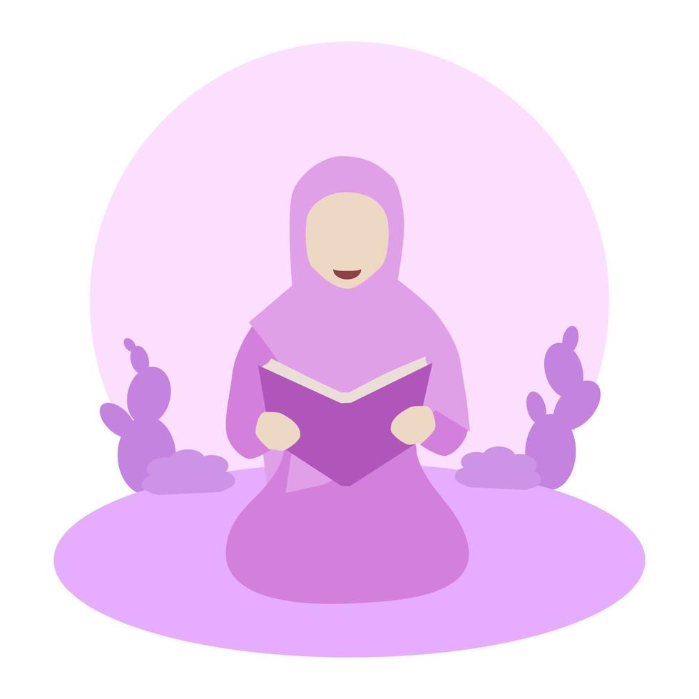 lindo libro de lectura de mujer musulmana. ilustración de mujer musulmana leyendo corán vector