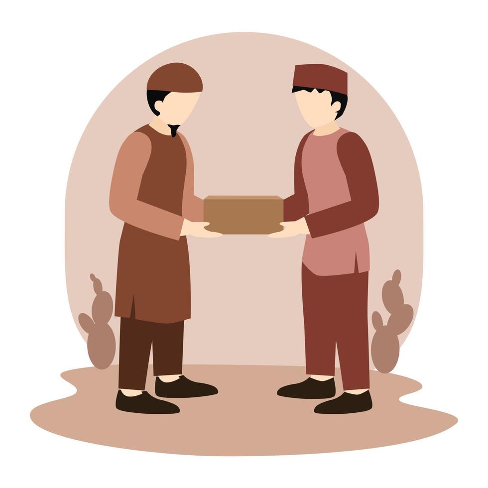 Muslim Man Give Donation to Other. Islamic Illustration of Muslim Giving. Social Activity vector