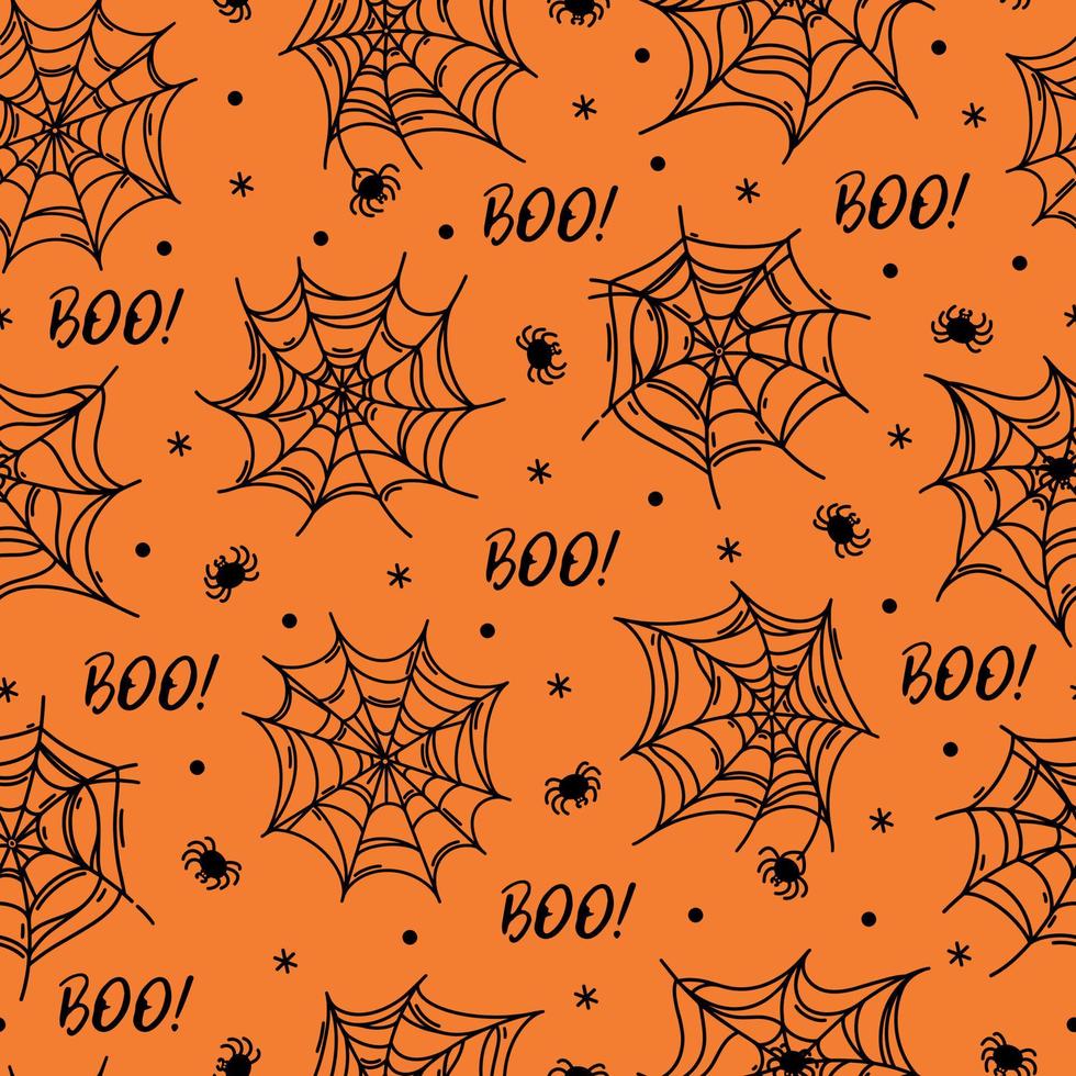 patrón de vector transparente de telaraña. símbolo de halloween - telaraña pegajosa con insecto, texto boo. contorno negro, boceto simple aislado sobre fondo naranja. ilustración para decoración de vacaciones, impresión de arte