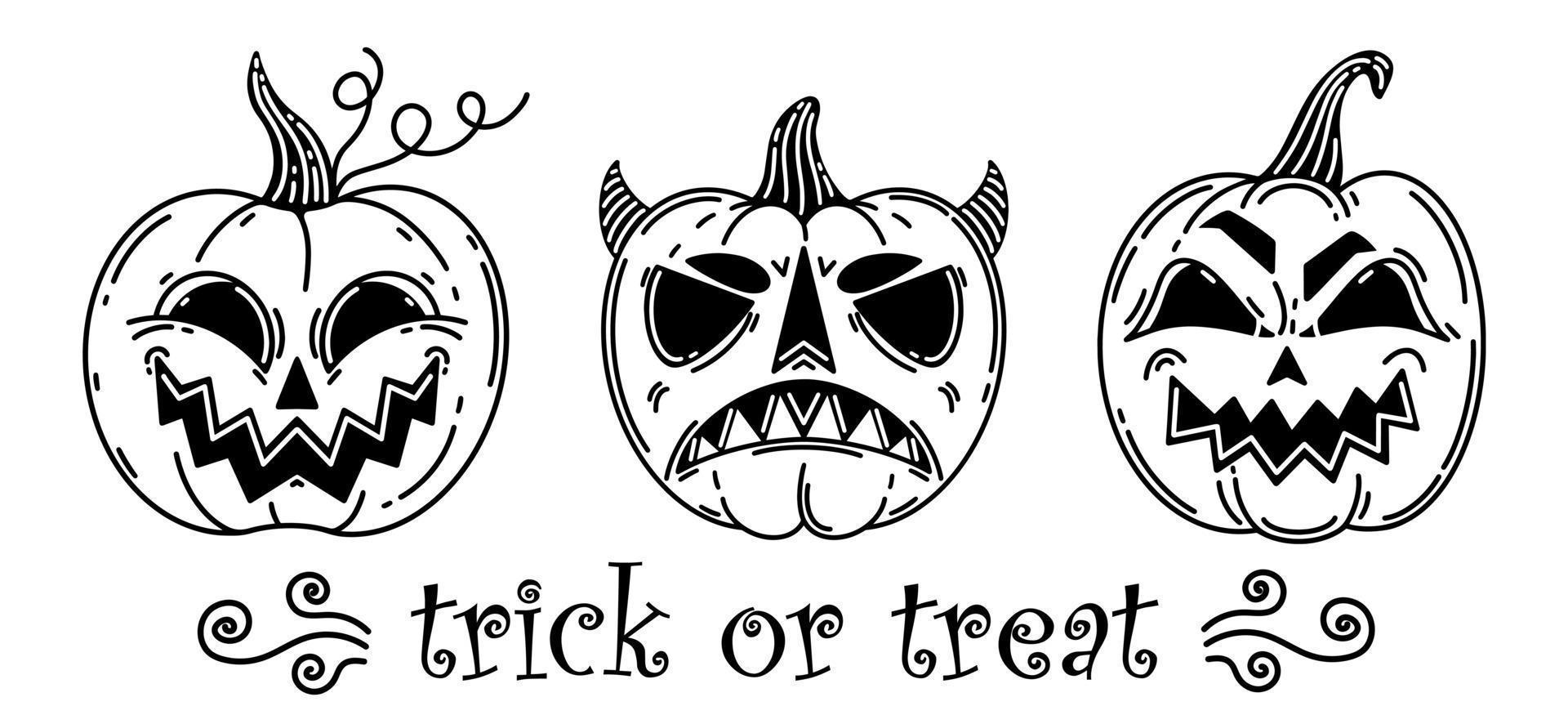 Halloween pumpkin vector icon set. Jack lantern isolated on white. Funny, evil, smiling face on a pumpkin. Trick or treat, autumn holiday symbol. Vegetable sketch for T-shirt design, posters, cards