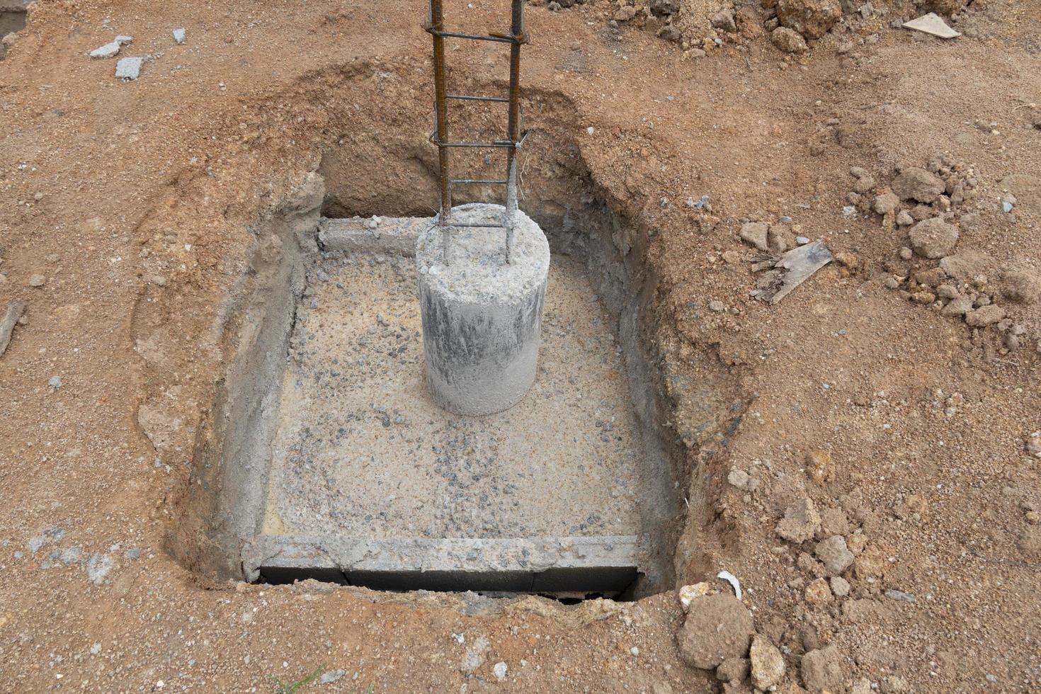 Preparing the foundation for construction columns. Cement foundation with round cast columns with rebar for house pillars. photo