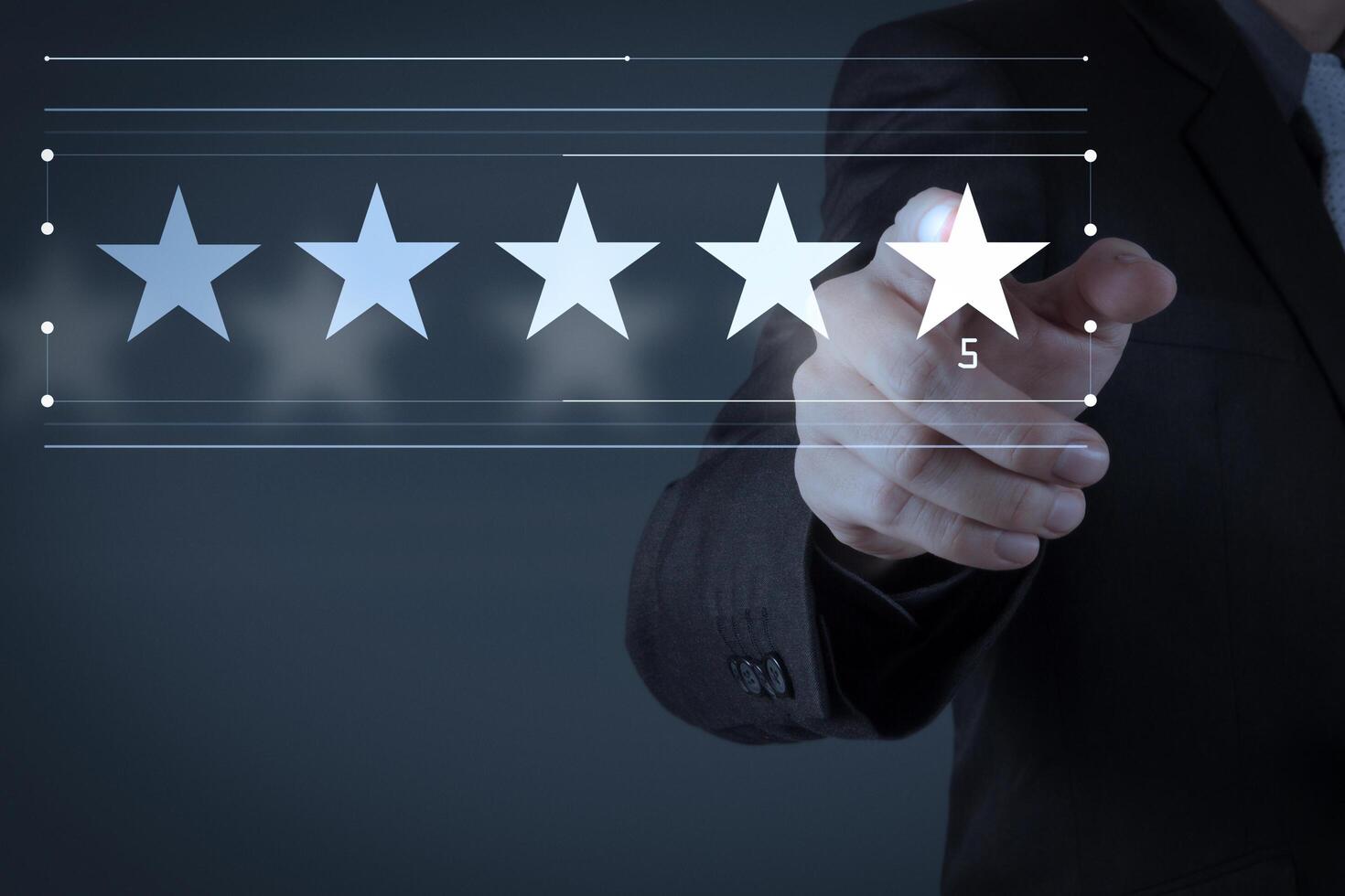 businessman hand touch five stars rate customer rate. photo