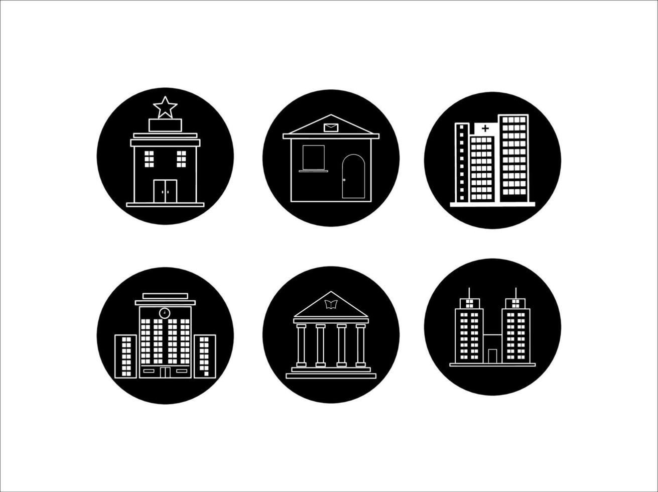 conjunto de iconos de ilustraciones de edificios de arte lineal en blanco y negro vector