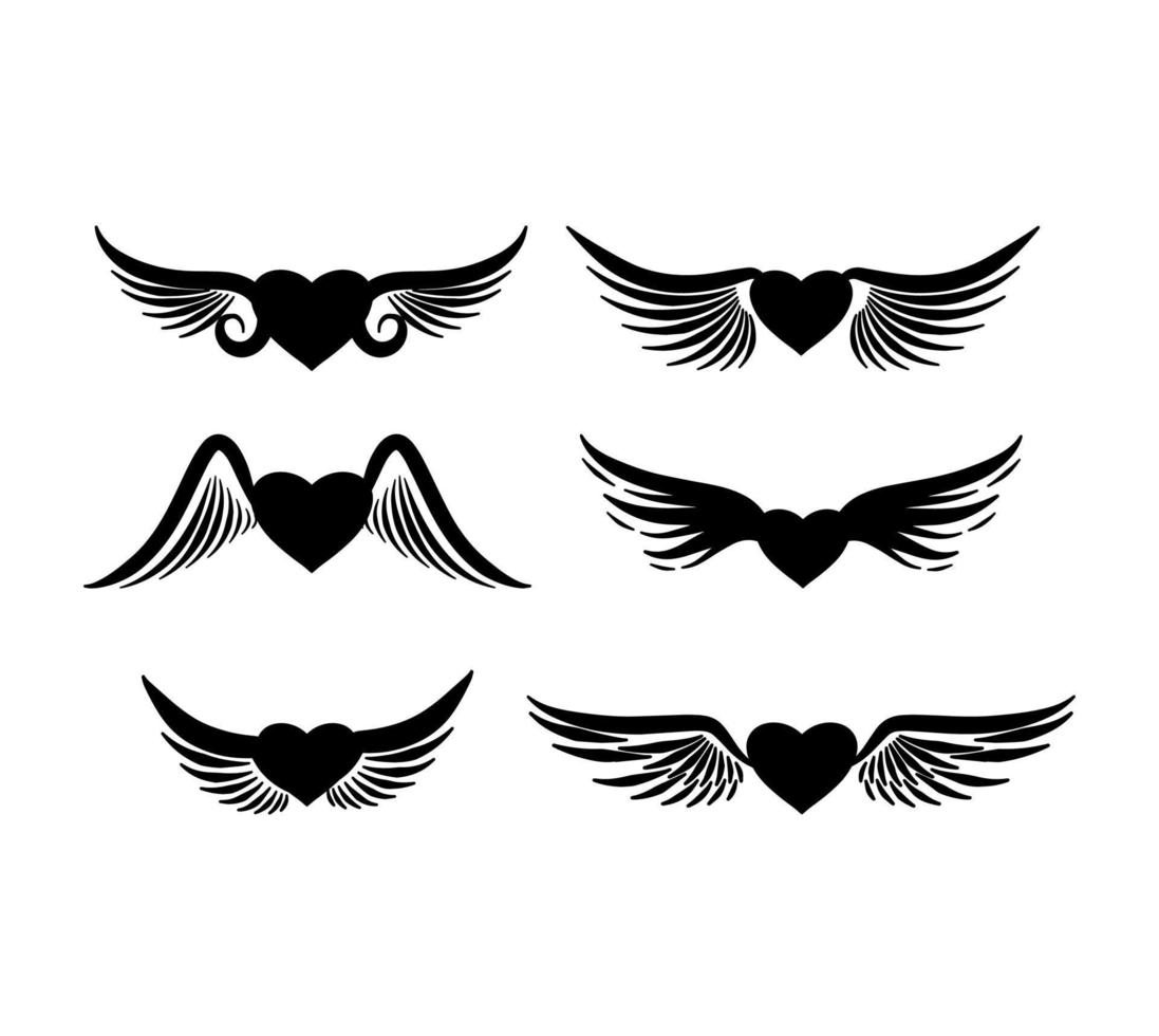 Collection of Wings with Heart Silhouette vector