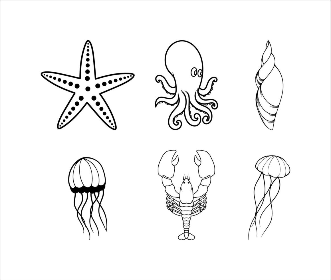 colección de ilustraciones de animales marinos doodle line art vector