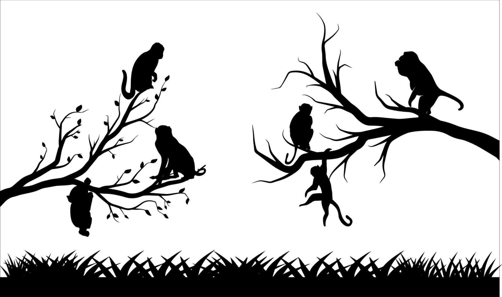 Monkey Silhouette on Tree Branch with grass Illustrations vector