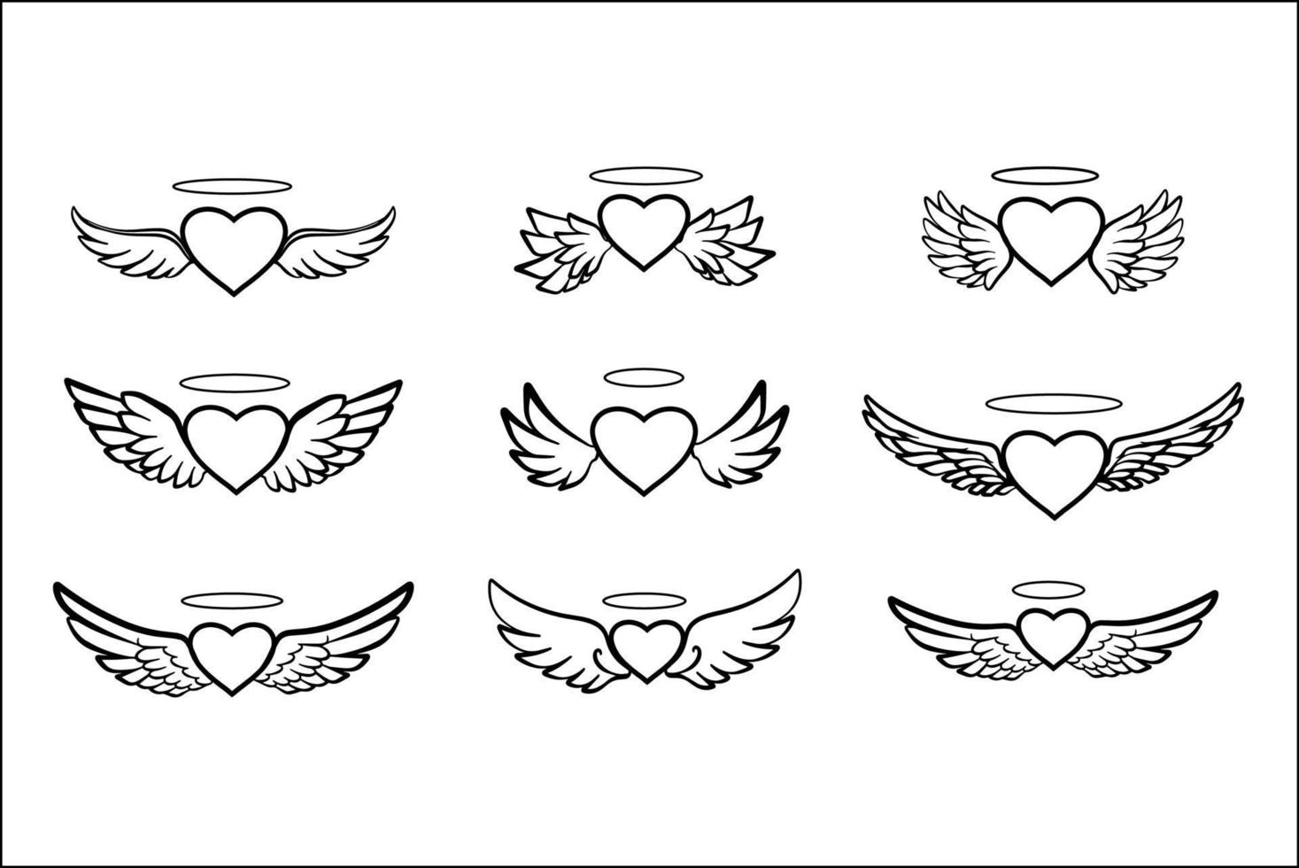 Set of Hand-drawn Angel Wings and Heart Line Art Illustrations vector