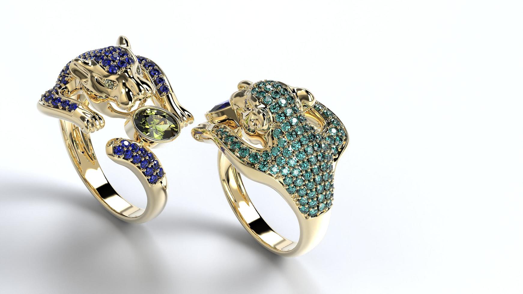 beautiful male or female tiger or panther or leapord or wild cat or lion ring color stones yellow or rose or white gold or platinum 3d render photo