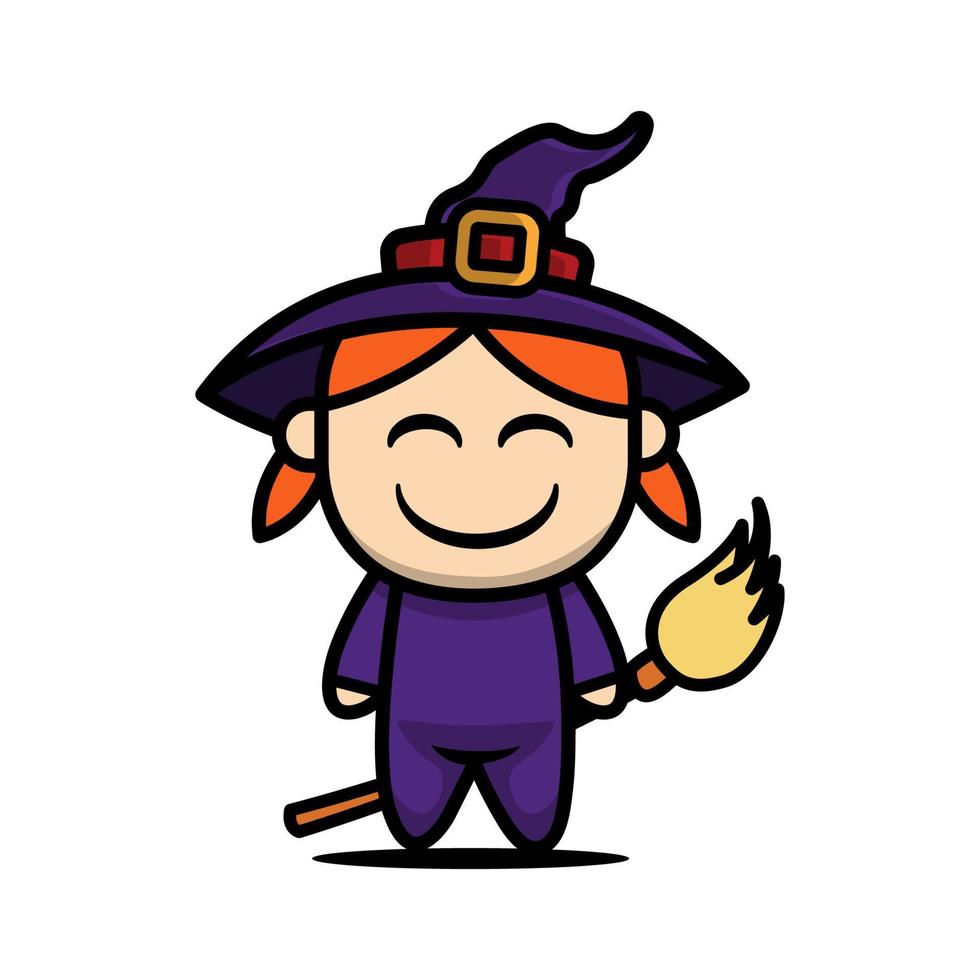 Cute kid with witch halloween mascot costume vector