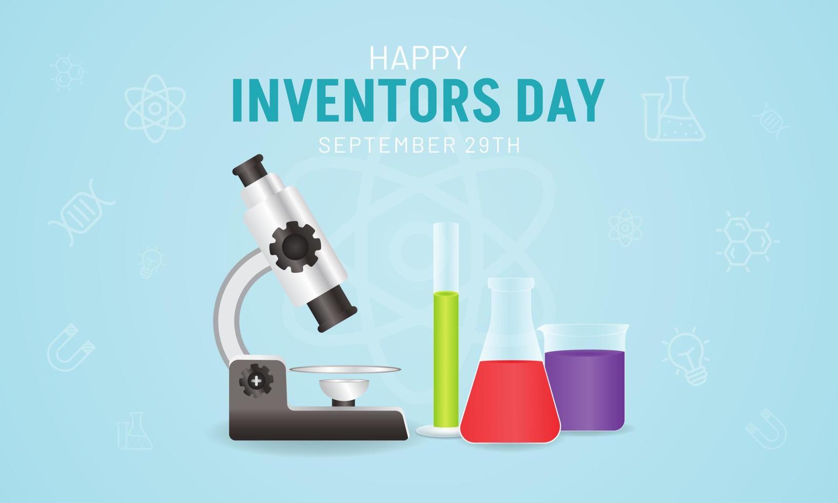 feliz día de los inventores 29 de septiembre con ilustración de equipos de laboratorio sobre fondo aislado vector