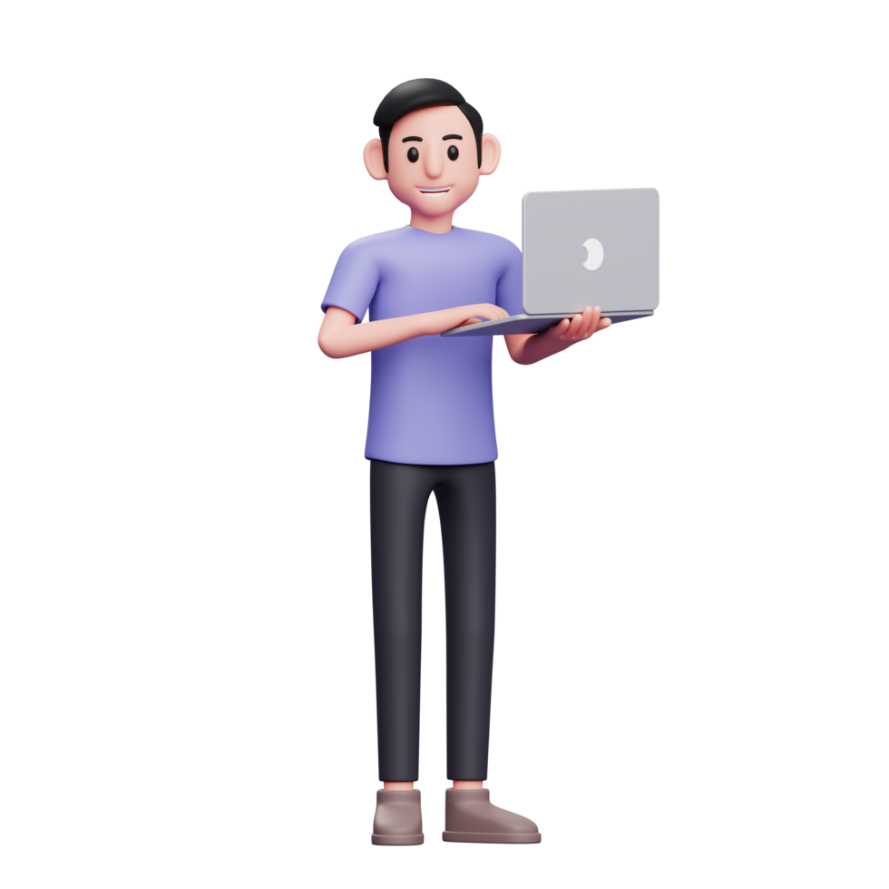 boy standing holding laptop and typing while looking at camera 3d render character illustration png