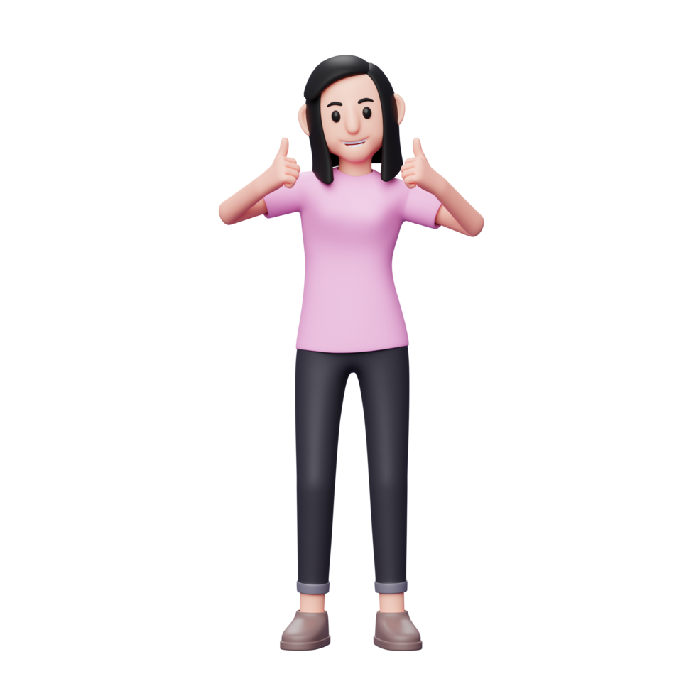 menina mostrando dois polegares para cima dar apreciação, bom trabalho. ilustração de personagem de renderização 3D png