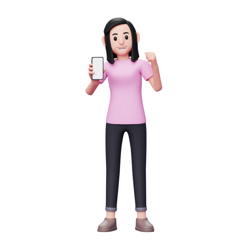 3d character illustration Woman showing phone screen with winning gesture getting good news png
