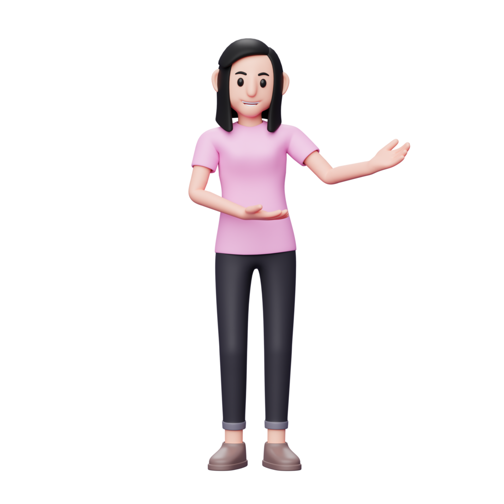 Happy woman showing hand to copy space with both hands, presenting or introducing gesture. Advertisement or product presenting concept. 3d render character illustration png