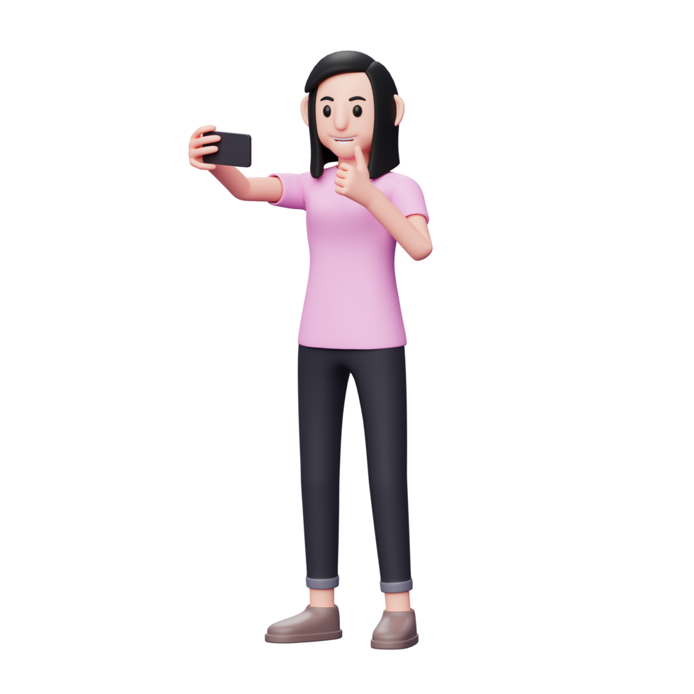 doce garota posando para tirar uma selfie pelo celular, gravar vídeo para conteúdo de mídia social com polegares para cima, ilustração de personagem 3d png