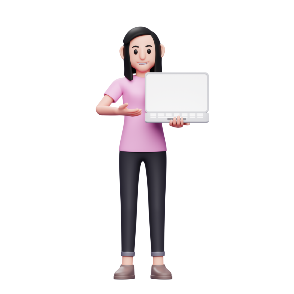 Girl offering product by showing laptop screen 3d render character illustration png